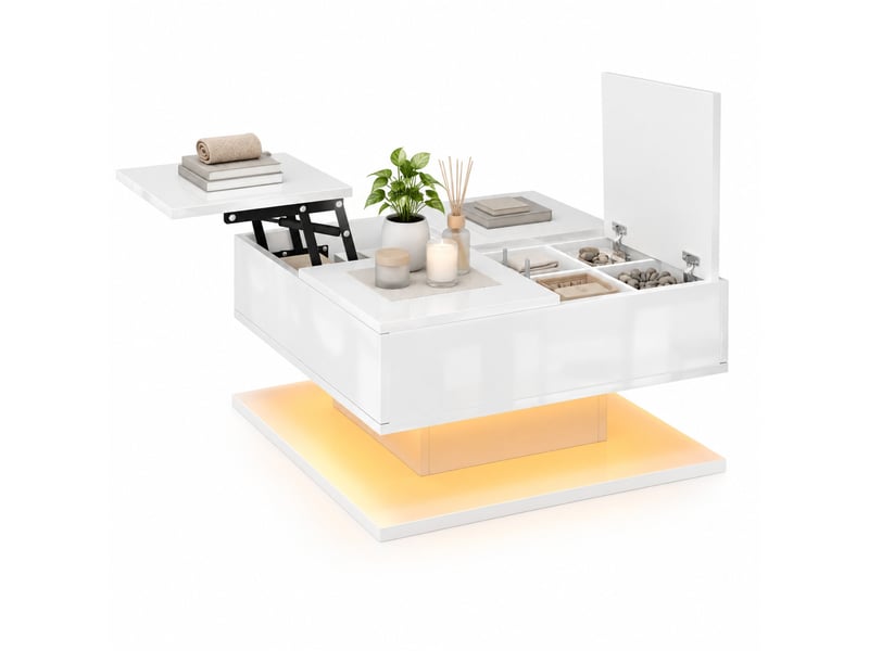  Table basse relevable,72x72x35 cm,2 tiroirs avec led,blanche  - Conforama A
