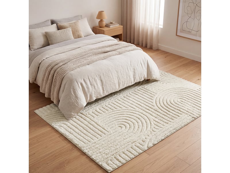  Tapis de salon géométrique à relief 3d, polyester et caoutchouc tpr, lavable en machine, dos antidérapant, 170 x 120 x 1 cm, blanc crème, pour chambre, entrée, collection hila  - Conforama B