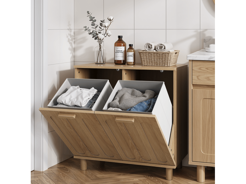Meuble à linge 66 x 35 x 67 cm avec deux paniers basculants amovibles, mdf finition chêne - Conforama E