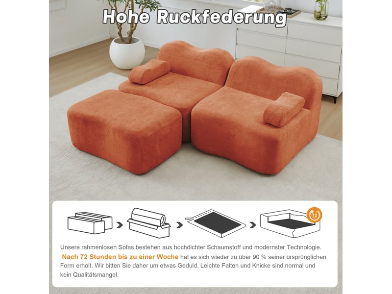Canapé d'angle modulaire fixe 2 places en velours orange avec ottoman, forme vague pour le salon moderne - Conforama D
