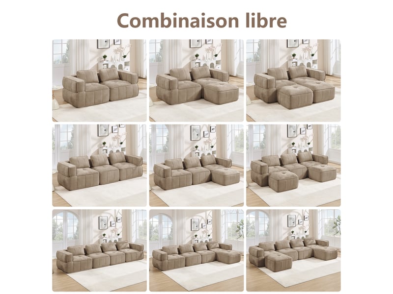  Canapé d’angle modulable 4 places avec pouf et assise profonde - lpospi - sans cadre polyester sable 344 × 162 × 67 cm  - Conforama E