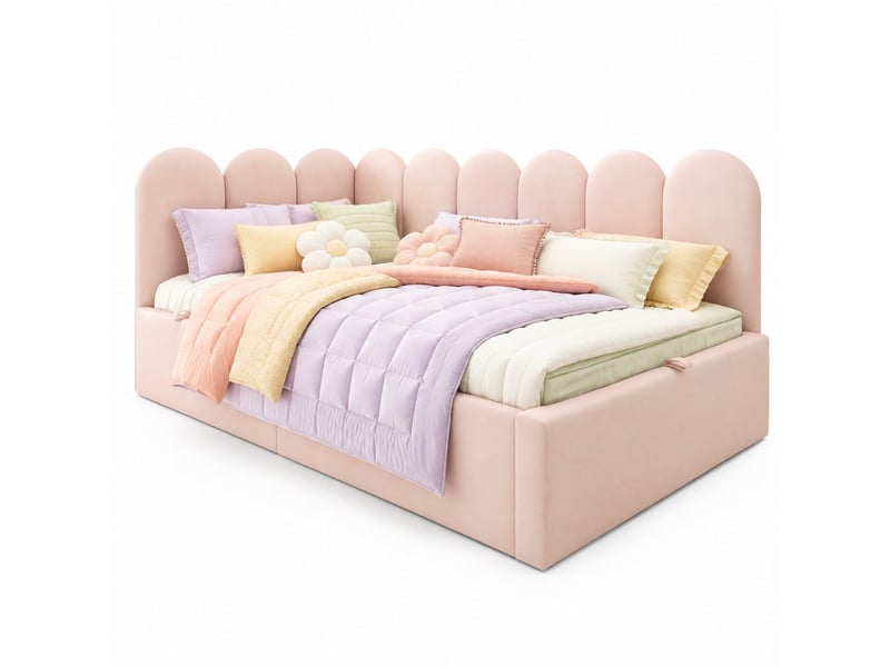 Lit banquette coffre 200×90 cm avec rangement hydraulique et côtés interchangeables, sans matelas, en velours rose - Conforama A
