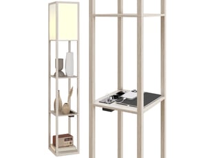 Lampadaire avec étagères, éclairage à intensité variable, interrupteur au pied et ports usb, blanc et chêne