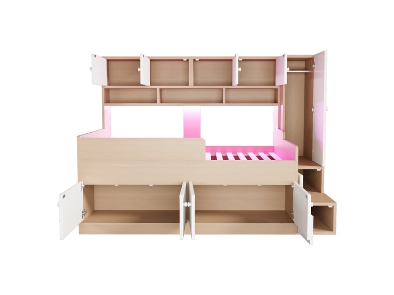  Lit enfant 90x200cm avec rangements, étagères, penderie, échelle d'accès, éclairage led et barrière de sécurité, bois  - Conforama E