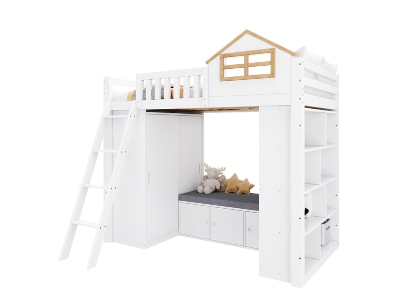 Lit mezzanine enfant simple 90 × 200 cm avec échelle, armoire, étagères et banquette, sans matelas, blanc naturel - Conforama A
