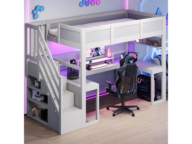  Lit mezzanine 90x200 cm avec bureau, led et rangements blanc  - Conforama E