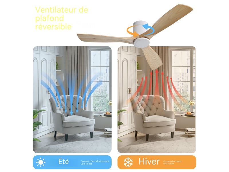  Ventilateur de plafond 132 cm sans lumière, 3 pales en bois massif avec télécommande, moteur dc silencieux 6 vitesses et minuterie  - Conforama D
