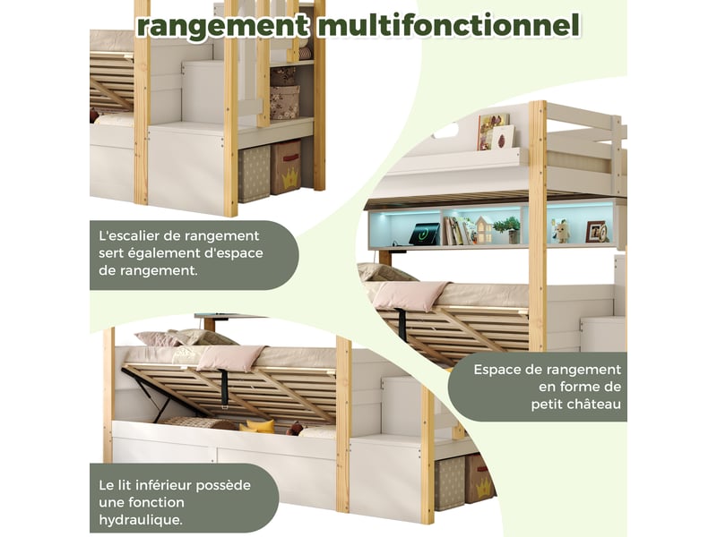  Lit superposé enfant 90x200 cm avec coffre de rangement hydraulique, escalier de rangement, led, usb, tête de lit pu, bois massif blanc et naturel Radiant Stride - Conforama E