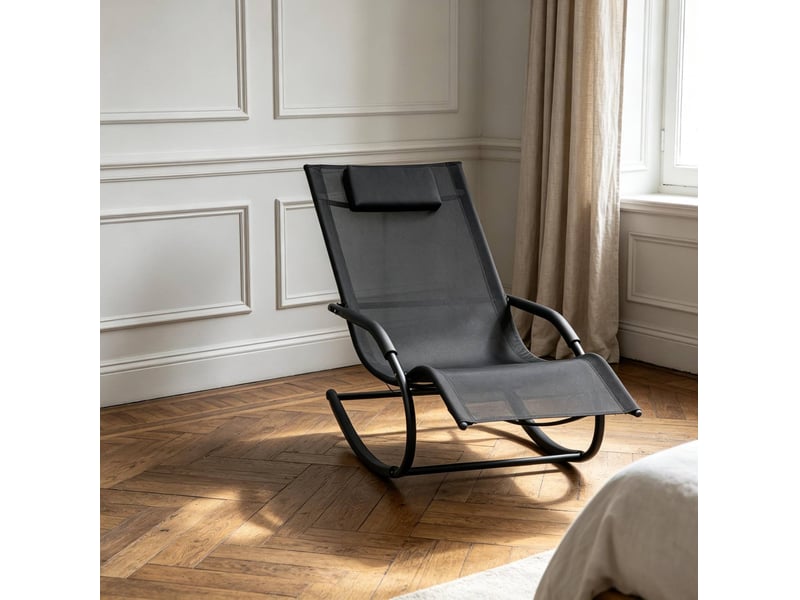  Fauteuil relax à bascule 62x150x84 cm noir, métal galvanisé et textilène, 1 fauteuil intérieur extérieur  - Conforama B