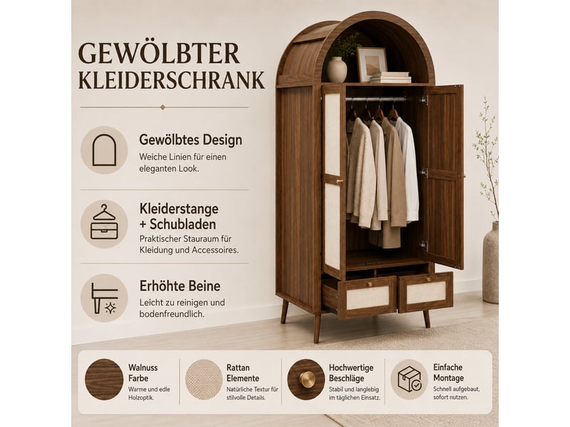 Armoire à vêtements 2 portes avec tringle, 2 tiroirs, niche ouverte, effet rotin, noyer et beige - Conforama E