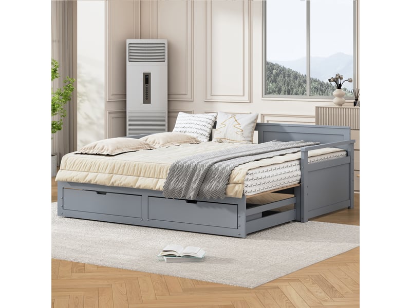  Lit banquette 2-en-1 2 places 90x190 cm extensible à 180x190 cm avec lit gigogne, 2 tiroirs de rangement, sommier à lattes, pin massif gris  - Conforama C