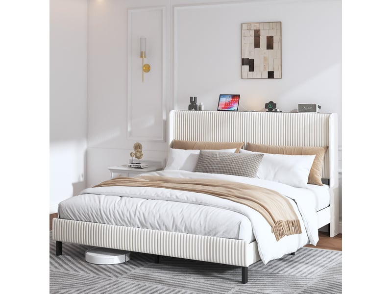  Lit adulte 180x200 cm en velours côtelé beige et crème avec tête de lit  - Conforama B