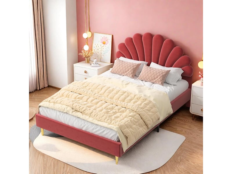  Lit enfant 140x200 cm cadre rembourré en velours, tête de lit design pétale, pieds métalliques dorés, structure stable charge 150kg  - Conforama B