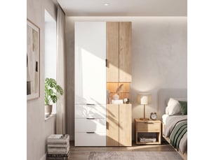 Armoire 90 x 49 x 200 cm avec éclairage led et tiroir à bijoux, portes battantes, 2 tringles et 4 tiroirs, pour chambre, salon et chambre d’enfant