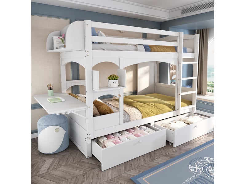  Modenvie lit superpose enfant 90x200 cm - avec bureau rabattable et rangements, sans matelas - blanc  - Conforama B