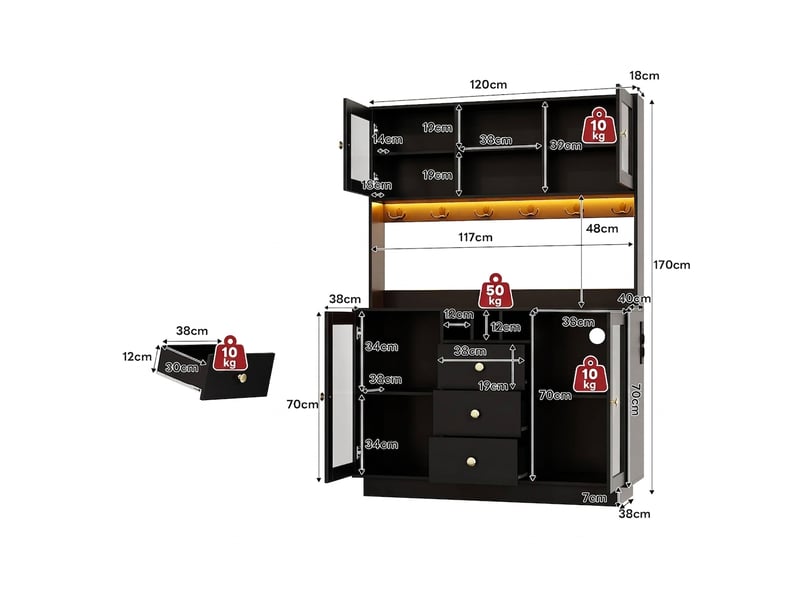 Armoire de cuisine avec éclairage led et prises électriques, vitrine noire pour salle à manger, 120x40x170 cm - Conforama E