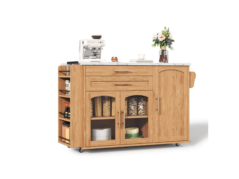  Desserte de cuisine avec plateau rabattable, 2 portes, 2 tiroirs et 5 roulettes, effet bois naturel, 120 × 45 × 90 cm  - Conforama A
