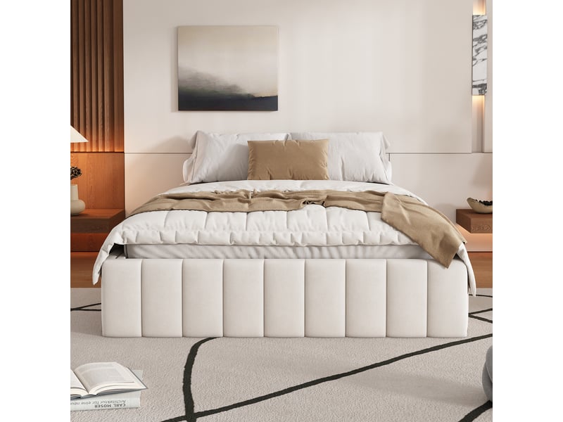  Cadre de lit tapissé beige 140x200 cm - sommier et lattes inclus - sans tête - sans matelas - design minimaliste  - Conforama D
