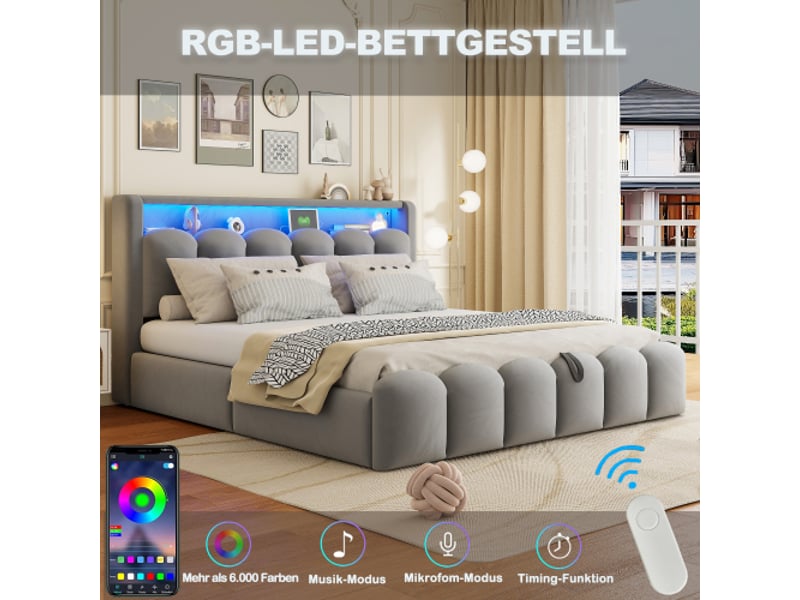 Lit rembourré, 180 × 200 cm, avec rangement hydraulique, éclairage led et prises électriques, lit double, tissu velours, gris - Conforama B