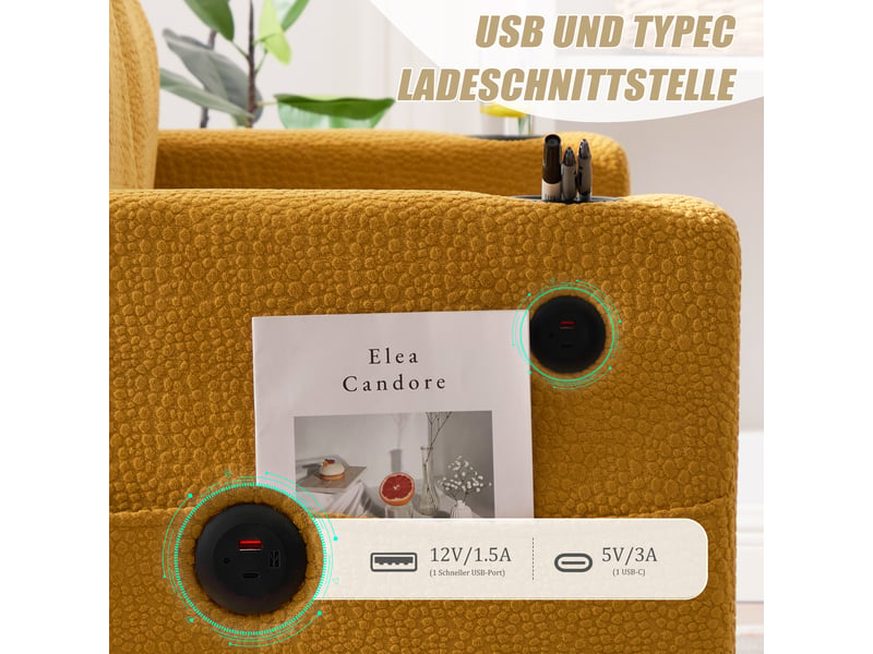  Canapé 2 places en chenille moutarde avec usb-c et led d'ambiance, structure bois et métal  - Conforama W