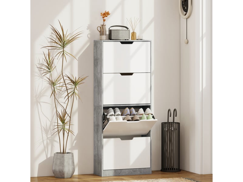  Meuble à chaussures étroit gris béton, 4 portes, 16 paires, 62,5 x 26 x 156 cm  - Conforama C