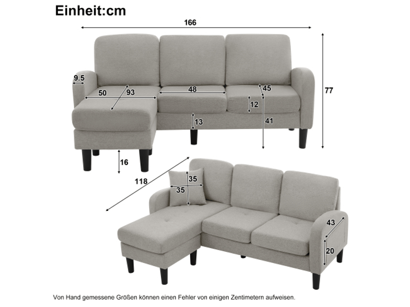 Canapé d'angle modenvie 3 places modulable avec méridienne réversible 166 x 118 x 77 cm tissu coton et lin gris  - Conforama C