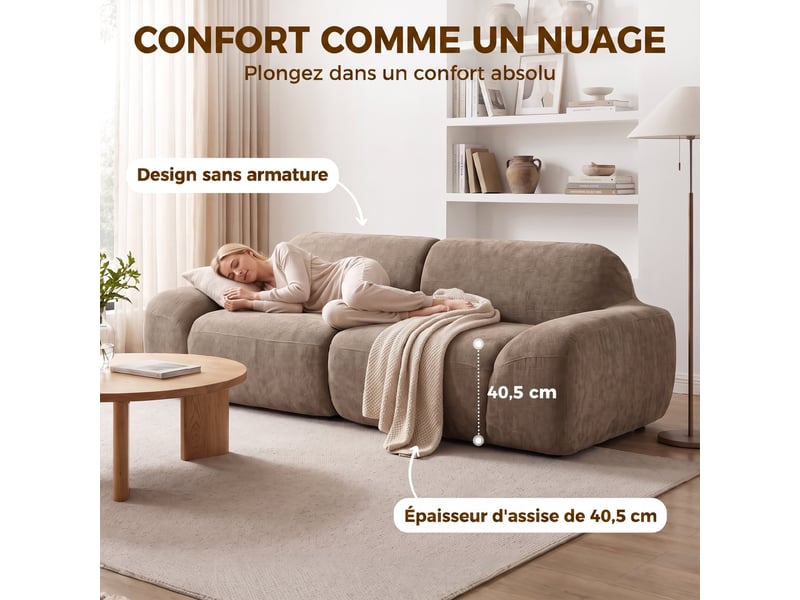 Canapé 3 places en chenille 244 cm, canapé salon moderne, ressorts ensachés, assise et accoudoirs larges, marron clair - Conforama R