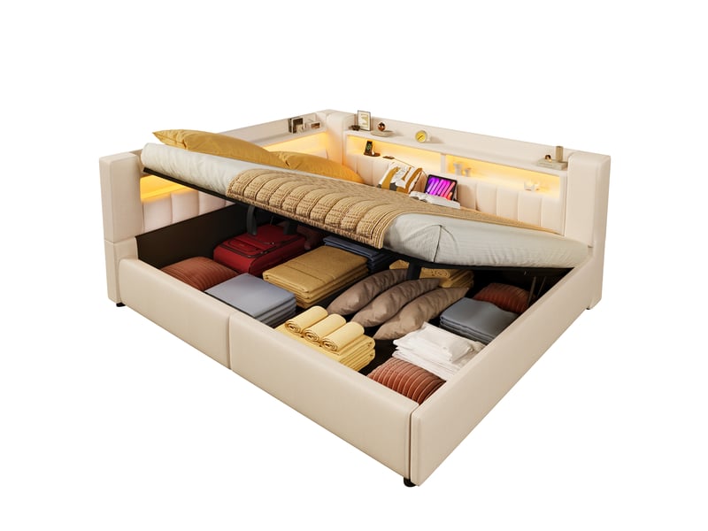  Lit coffre hydraulique 140x200 cm avec led et usb-c, tissu lin beige, structure mdf, sans matelas  - Conforama A