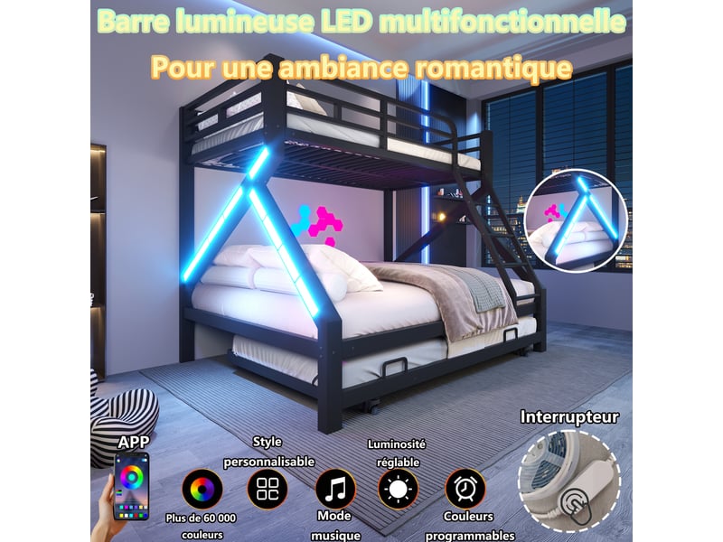  Lit superposé enfant 34 places 90140×200 cm lit simple lit double en métal avec lit gigogne 90×190 bandes led barrières, noir  - Conforama W