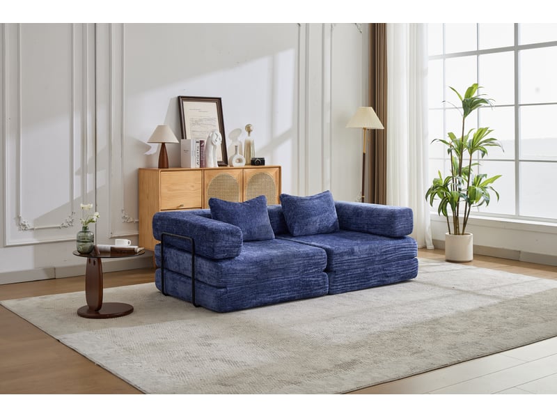  Canapé-lit compressé convertible 2 places, cadre fixe, modulable sans armature, chenille, sans montage, bleu foncé  - Conforama B