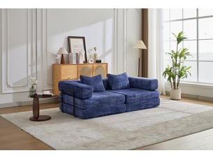 Canapé-lit compressé convertible 2 places, cadre fixe, modulable sans armature, chenille, sans montage, bleu foncé