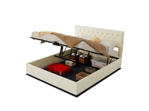 Lit coffre haut avec tête de lit rembourrée beige 160x200cm inclut matelas 160x200cm design moderne minimaliste