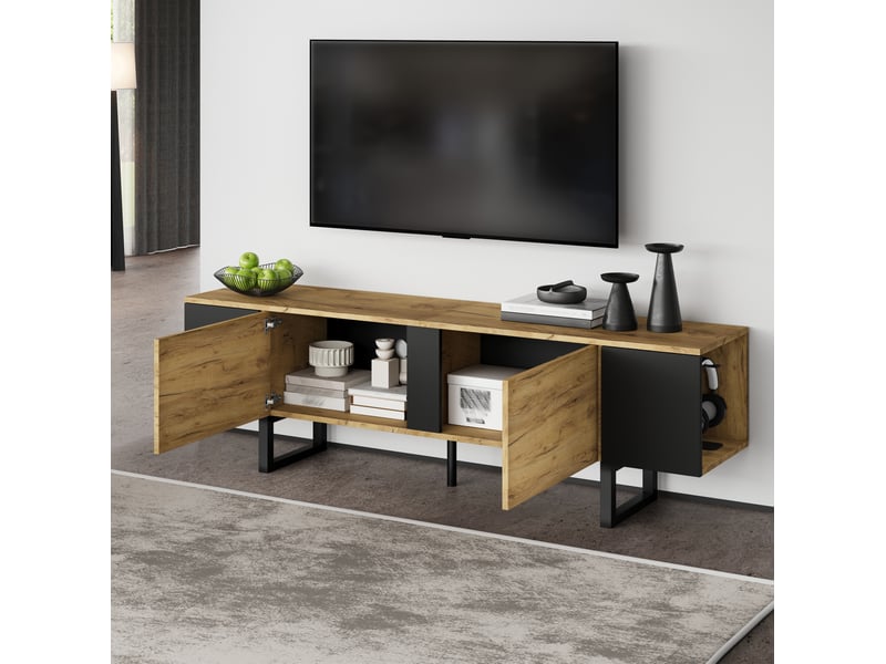  Meuble tv rangement 180x40x55 cm bois naturel deux portes etagere stable pour salon homvra  - Conforama C