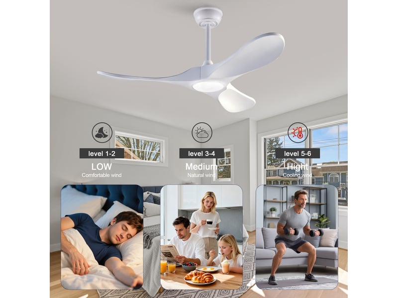  Ventilateur de plafond 42 pouces avec éclairage et télécommande, trois pales blanches en bois massif, 3cct, dimmable, réversible, 6 vitesses et fonction mémoire  - Conforama E