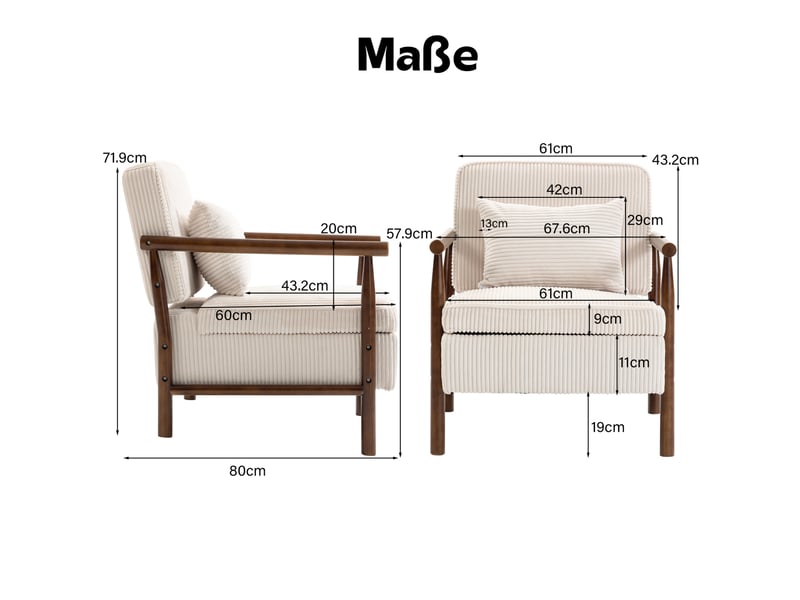  Fauteuil 80x61x71.9 cm, assise avec rangement, structure en bois, tissu velours, canapé 1 place, coloris blanc et brun  - Conforama C