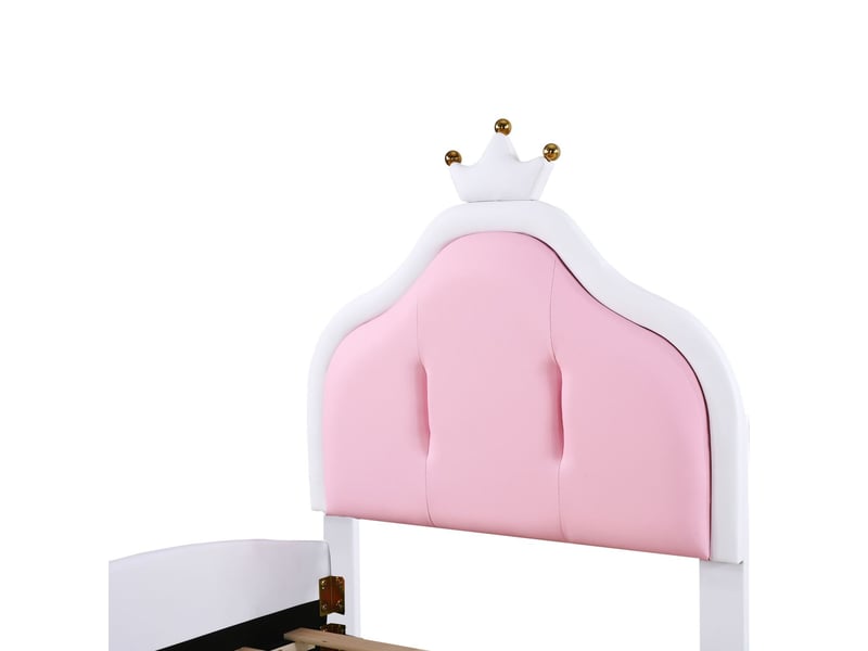  Lit rembourré 90x200cm en similicuir pu blanc et rose - lit enfant - tête de lit couronne, patchwork mignon, facile à nettoyer  - Conforama D