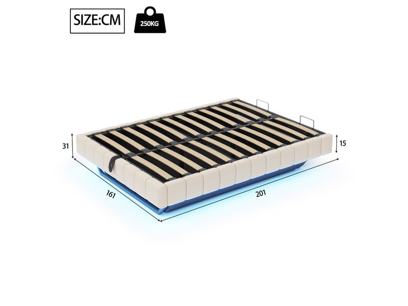 Lit flottant 160x200 cm en tissu beige, sans tête de lit, coffre hydraulique et led intégrée - Conforama C