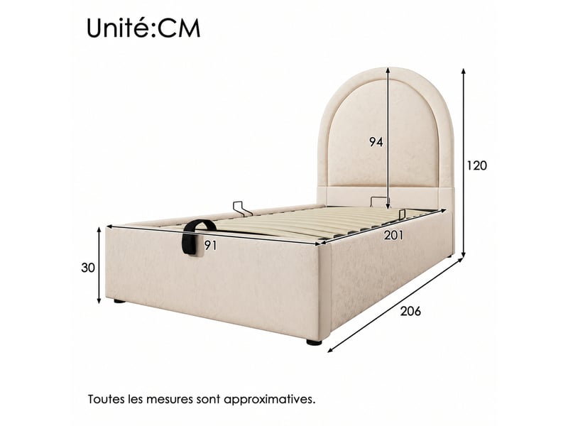  Lit coffre enfant 90x200 cm en similicuir beige, lit simple avec rangement et tête de lit à motifs, matelas inclus  - Conforama D