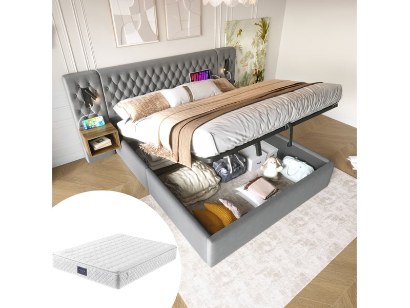  Lit coffre 160x200 avec matelas, 2 tables de chevet et liseuses gris cravdom  - Conforama B
