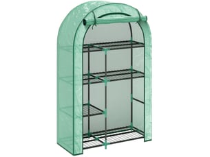 Serre de jardin à toit arrondi en acier vert avec 7 étagères, porte enroulable et housse anti-uv, 100 x 45 x 160 cm