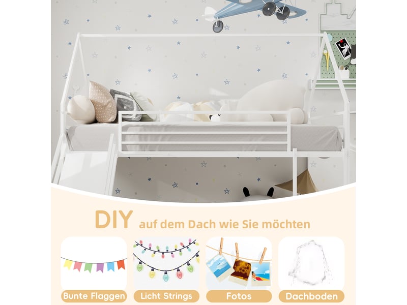  Lit superposé enfant 90x190cm - toboggan intégré - garde-corps 32cm - métal blanc - haute sécurité  - Conforama C