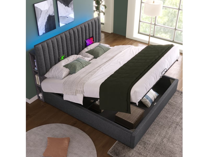  Lit coffre tcqpz 160 x 200 cm led app-control avec usb type c et tête de lit réglable gris  - Conforama D