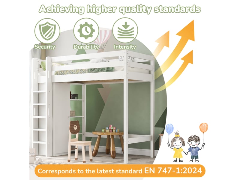  Lit mezzanine enfant 90x200 cm – blanc – armoire, 6 étagères et montage réversible - sans matelas  - Conforama E