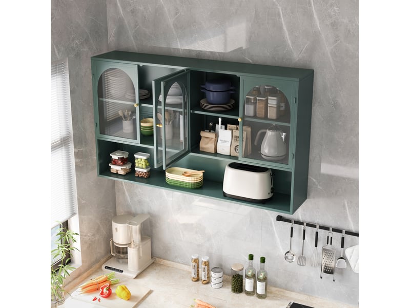  Armoire murale avec 4 portes vitrées pour cuisine et salon, rangement vertical en métal vert foncé, 120 × 23 × 70 cm  - Conforama B