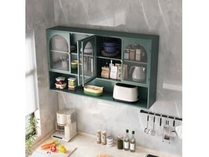 Armoire murale avec 4 portes vitrées pour cuisine et salon, rangement vertical en métal vert foncé, 120 × 23 × 70 cm
