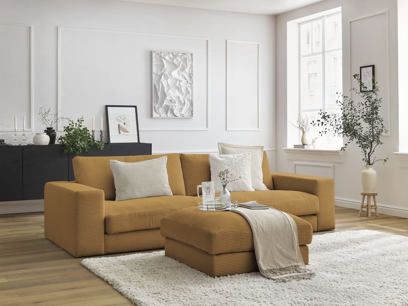  Bobochic canapé droit fixe 3 places leonard velours côtelé avec pouf jaune LEONARD - Conforama B