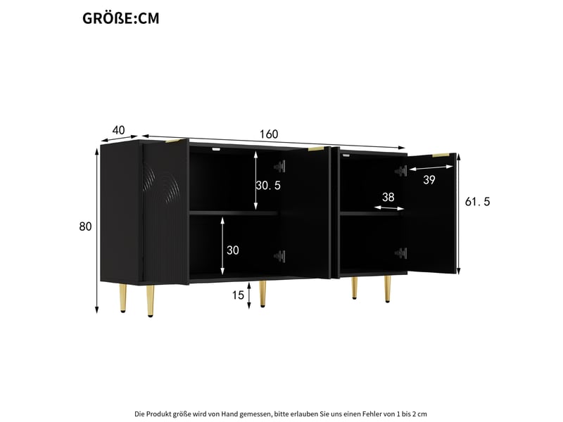  Buffet 4 portes noir 160 x 40 x 80 cm avec poignées dorées  - Conforama E