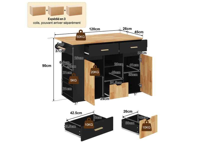 Îlot de cuisine mobile 120 x 4571 x 90 cm avec plateau rabattable, 3 tiroirs, étagères et roulettes, noir et bois - Conforama C
