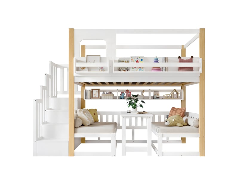  Modenvie lit mezzanine enfant 90x200 cm - table escamotable, escalier de rangement, sans matelas - blanc et naturel  - Conforama A