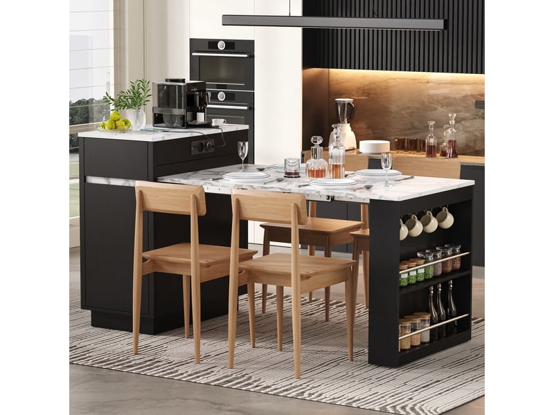  Ilot central de cuisine - 80,5x58x94cm - desserte extensible avec table, prises, led et roulettes - noir et bois  - Conforama B